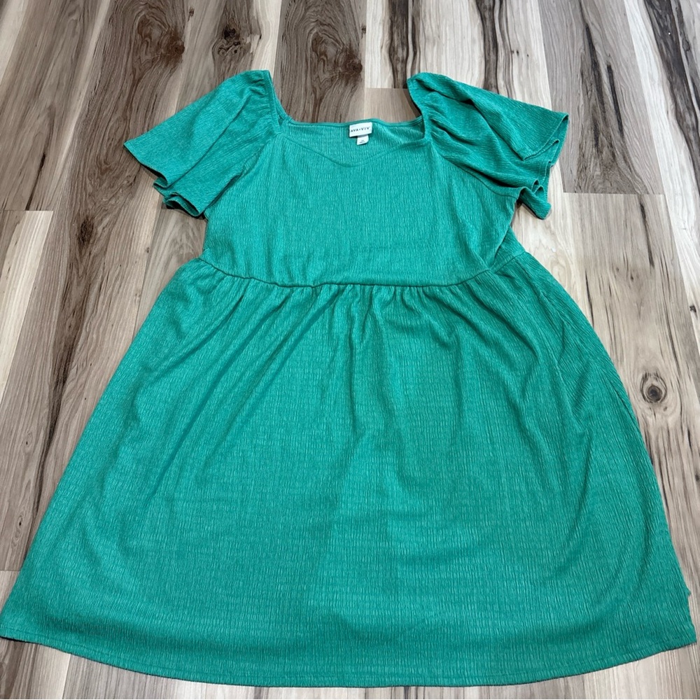Ava & Viv Green Textured A Line Flutter Sleeve Dress Plus Size 3X Pockets - Picture 2 of 9